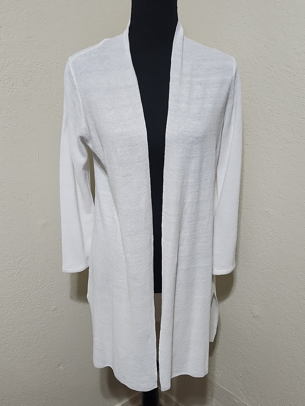 Eileen Fisher White Organic Linen Cotton Long Open Front Cardigan Duster Sz XXS